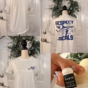 SHEIN White Tee with Blue Shark Design
